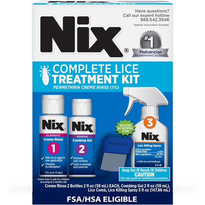 Nix Complete Lice Treatment Kit front packaging showing all components for hair and home.