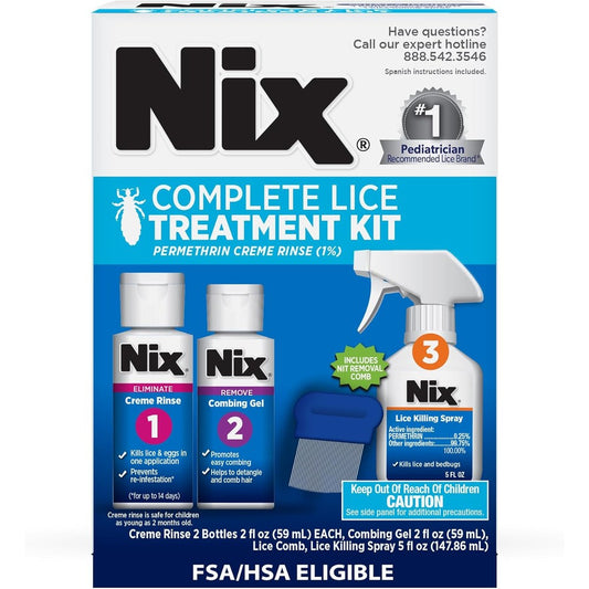 Nix Complete Lice Treatment Kit front packaging showing all components for hair and home.