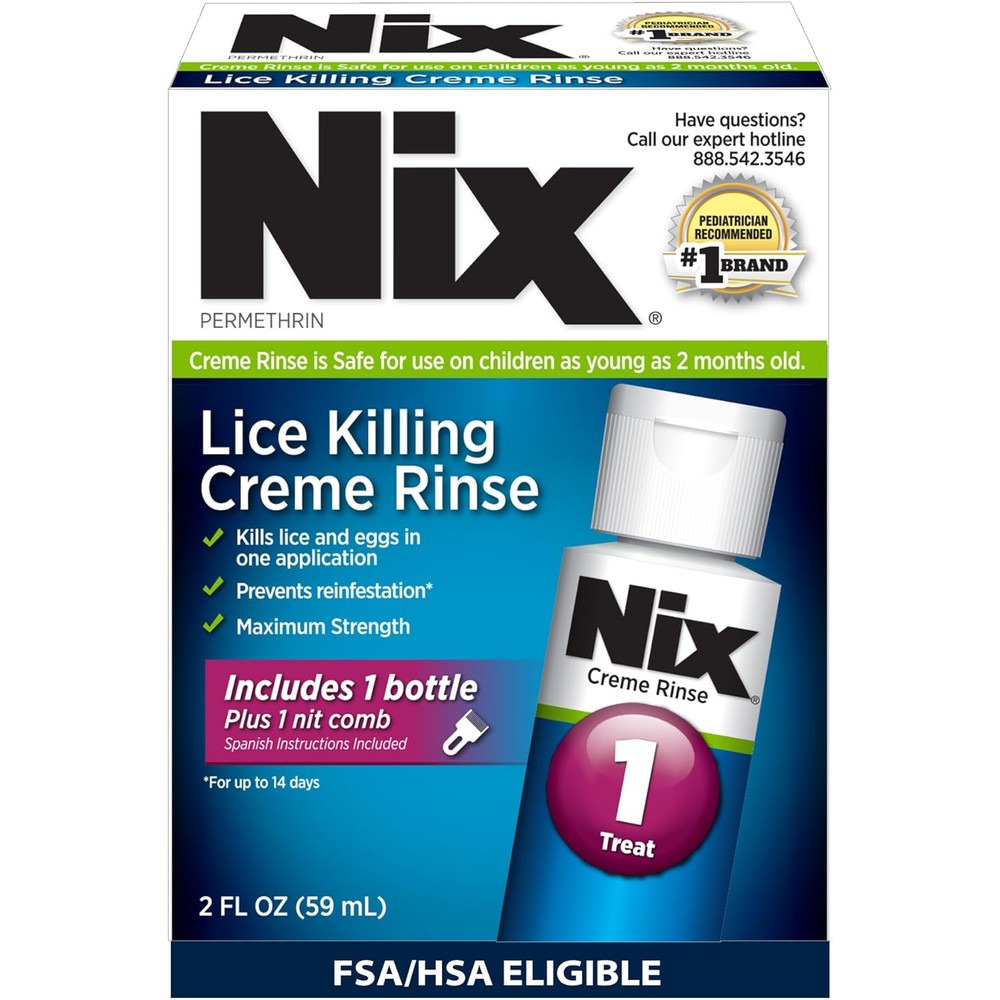 Nix Lice Treatment Killing Creme Rinse 2 Fluid Ounce bottle front view for head lice removal.
