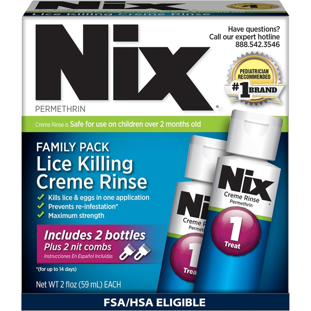 Nix Lice Treatment Family Pack front view showing two bottles and combs.