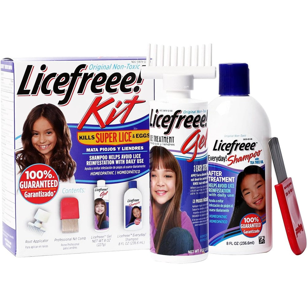Licefreee Spray! Head Lice Treatment Kit front packaging showing gel and shampoo.
