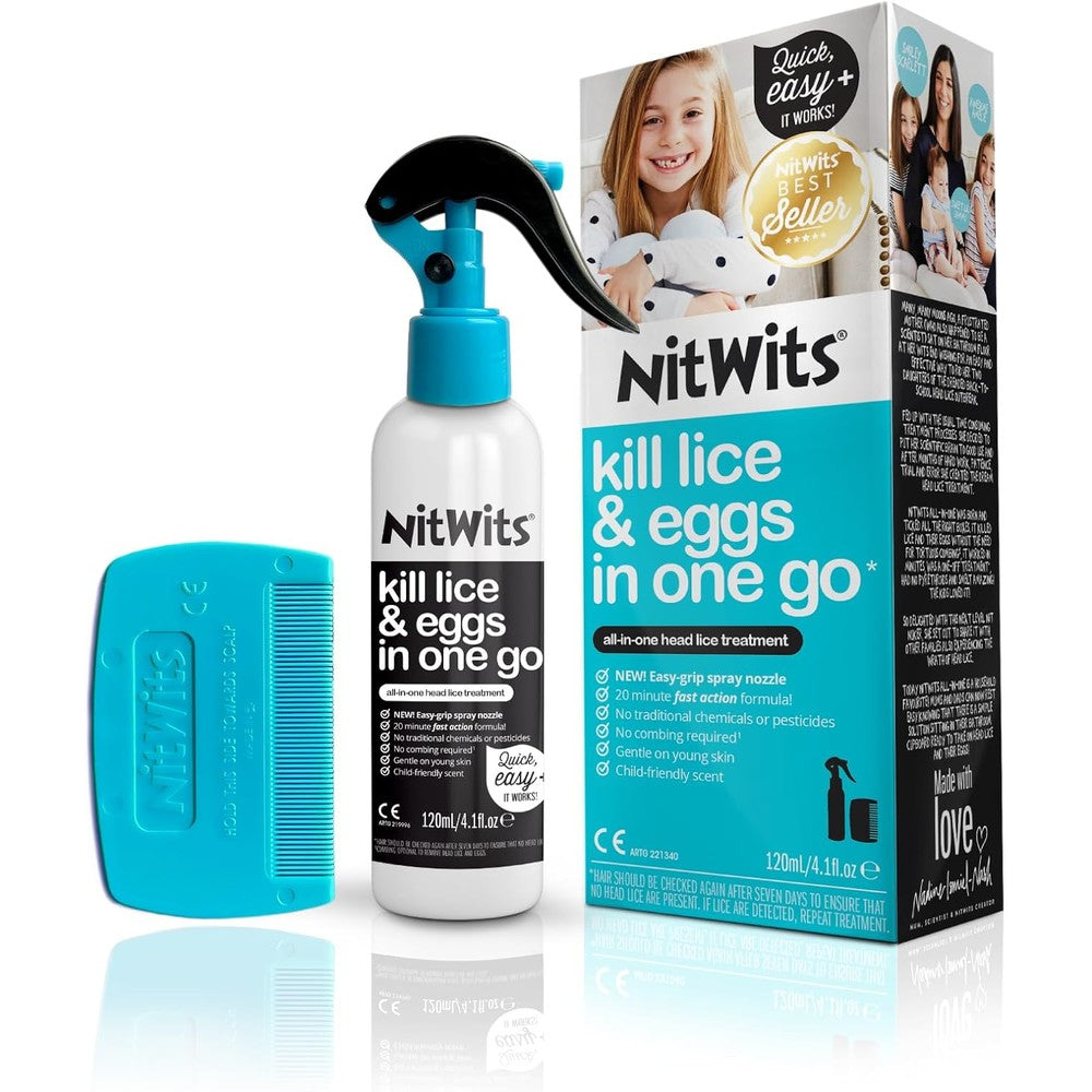 NitWits All In One Head Lice Treatment Spray 120ml front view for effective lice removal.