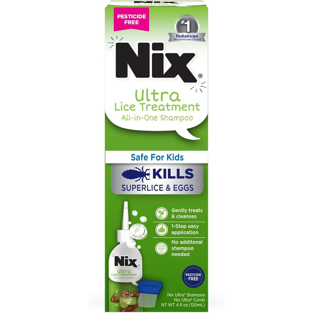 Nix Ultra Superlice Treatment shampoo bottle front view for lice removal.
