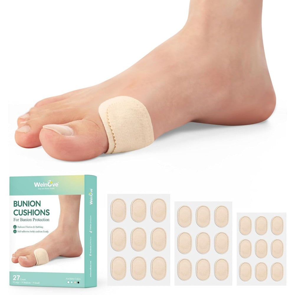 Welnove bunion pads front view packaging showing the multi-size moleskin foot cushions.
