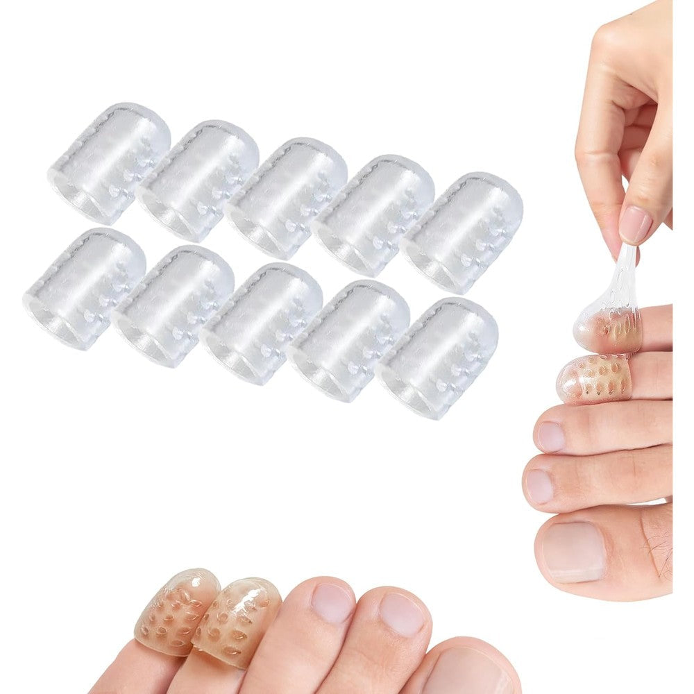 Jiexily silicone anti friction toe protector pack front view showing clear gel sleeves