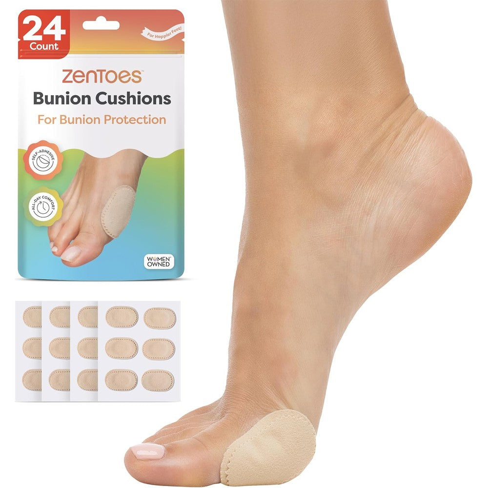 ZenToes Bunion Pads 24 Count front view packaging for foot pain relief.