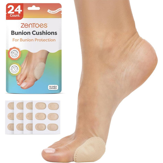 ZenToes Bunion Pads 24 Count front view packaging for foot pain relief.