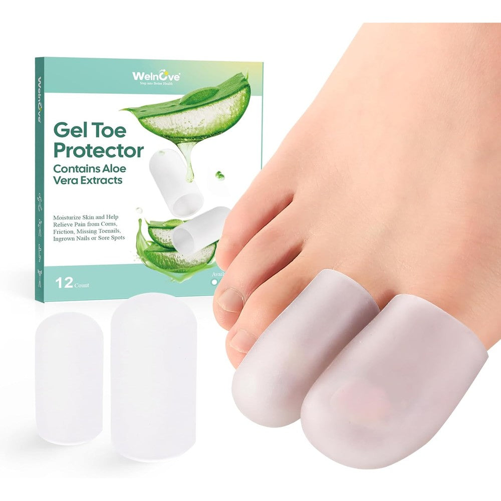 Welnove Gel Toe Cap and Protector 12 pack clear front view for bunion relief.