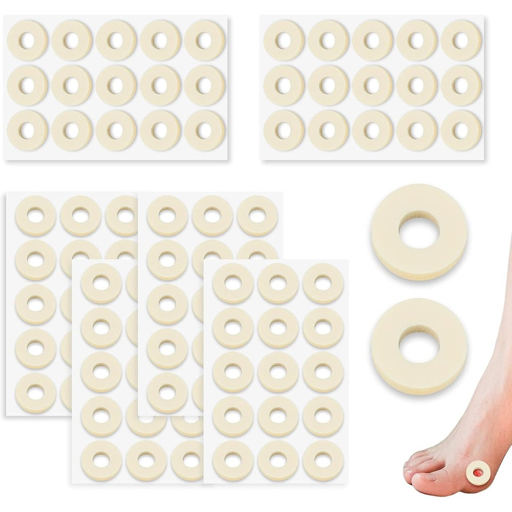 Aphrordity 90 Pieces Corn Cushions front view showing the packaging and round latex foam pads for foot care