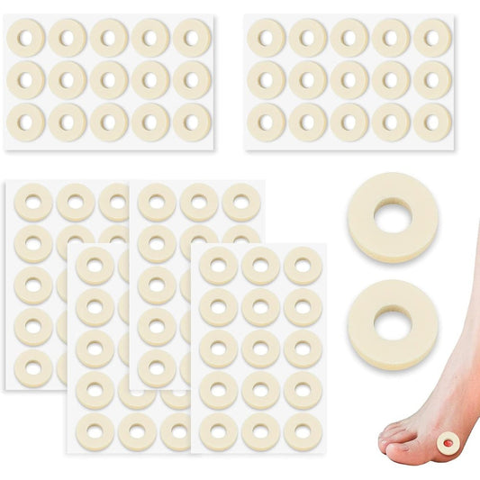 Aphrordity 90 Pieces Corn Cushions front view showing the packaging and round latex foam pads for foot care