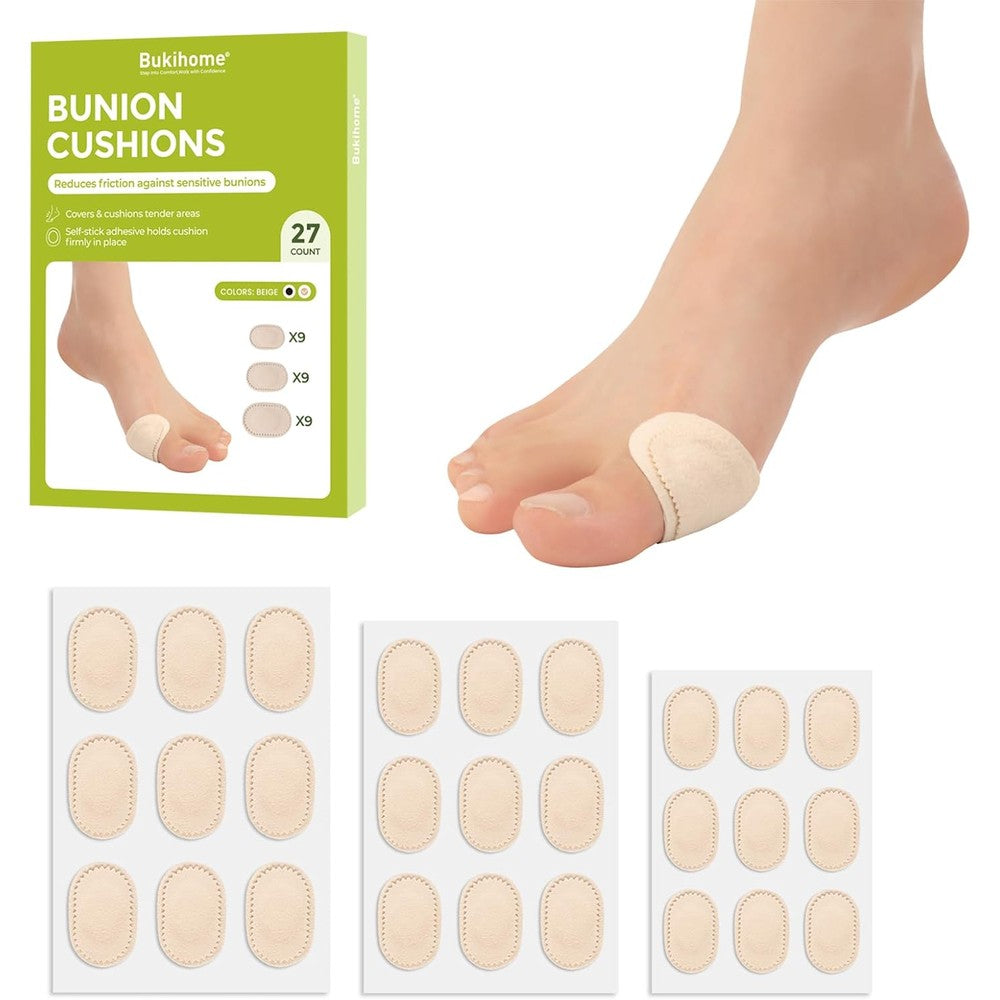 Bukihome Premium Bunion Pads 27 Count pack front view for pain relief