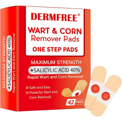 Dermfree SOVS wart and corn remover pads front view packaging showing forty-two medicated bandages.