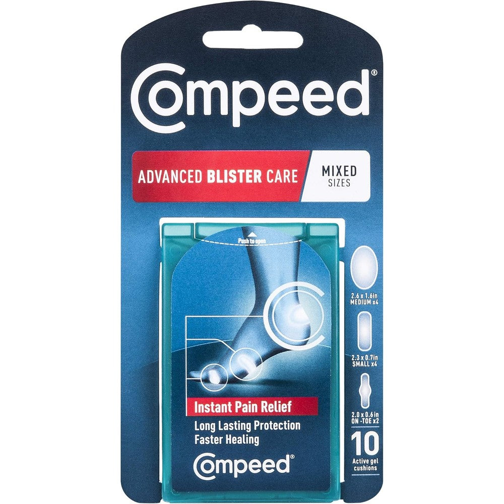 Compeed Advanced Blister Care Mixed Sizes 10 Count front packaging showing hydrocolloid technology.