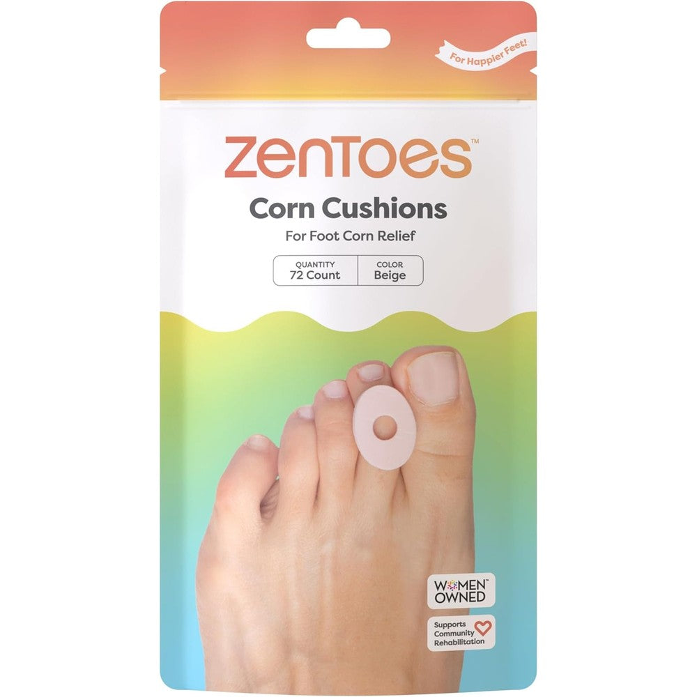 ZenToes Corn Pads for Toes 72 count pack front view for foot pain relief.