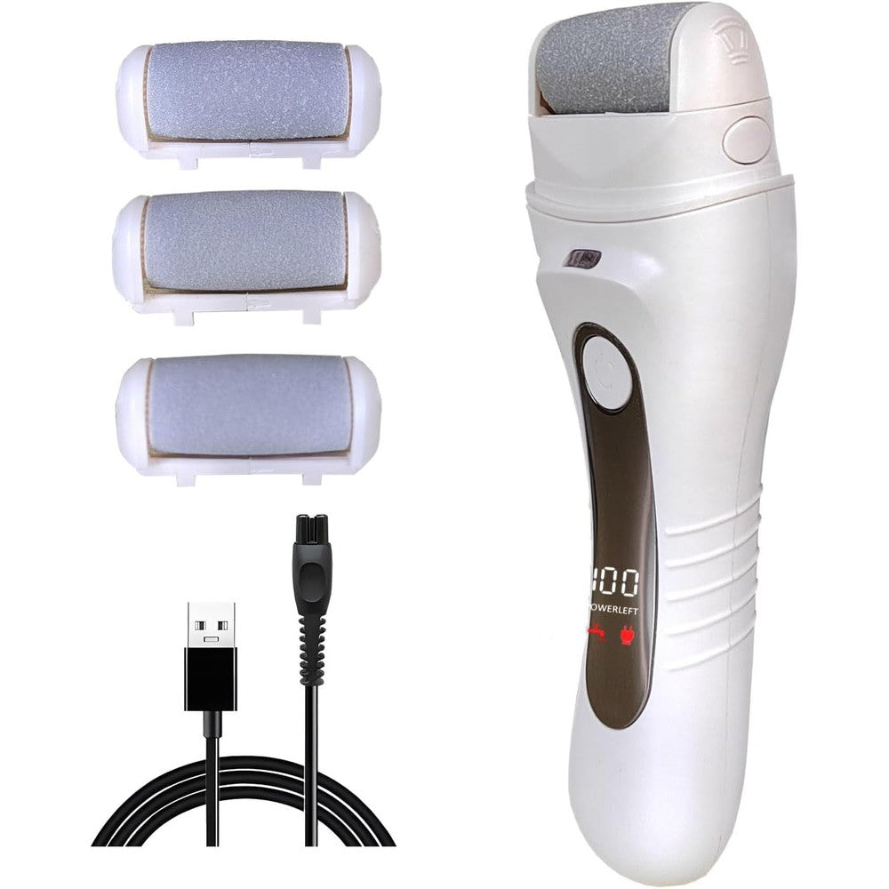 YONGYAO electric callus remover front view showing the premium white ergonomic handle and digital power percentage display screen.