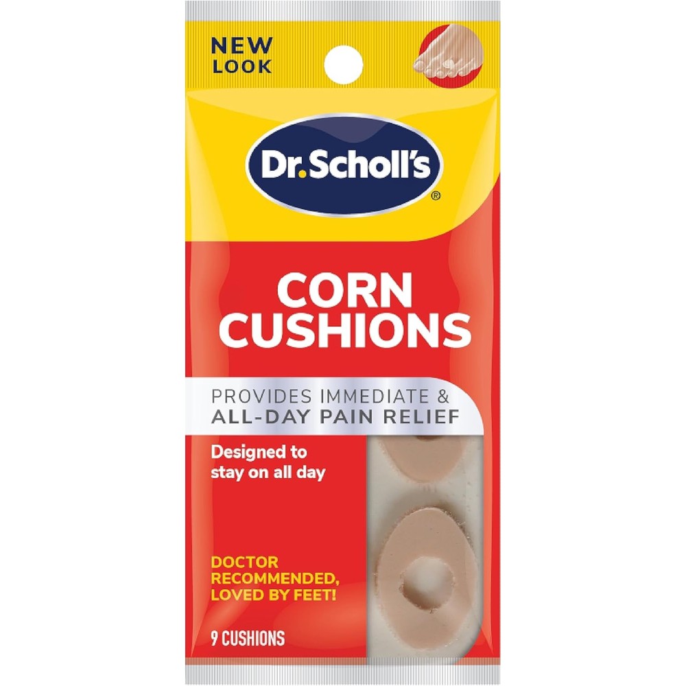 Dr. Scholl's Corn Cushions packaging front view showing 9 count latex foam pads for foot pain relief.