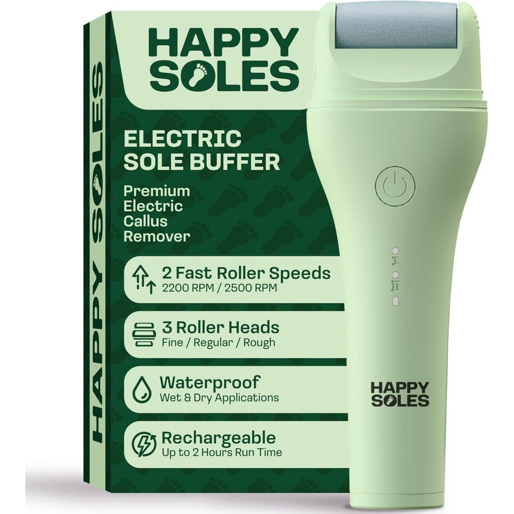 HAPPY SOLES Electric Sole Buffer front view showing the sleek rechargeable handle design.