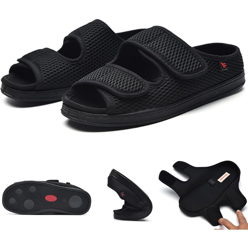 AUSTYLCO Men's Diabetic Slippers front view showing adjustable velcro straps and black mesh fabric.