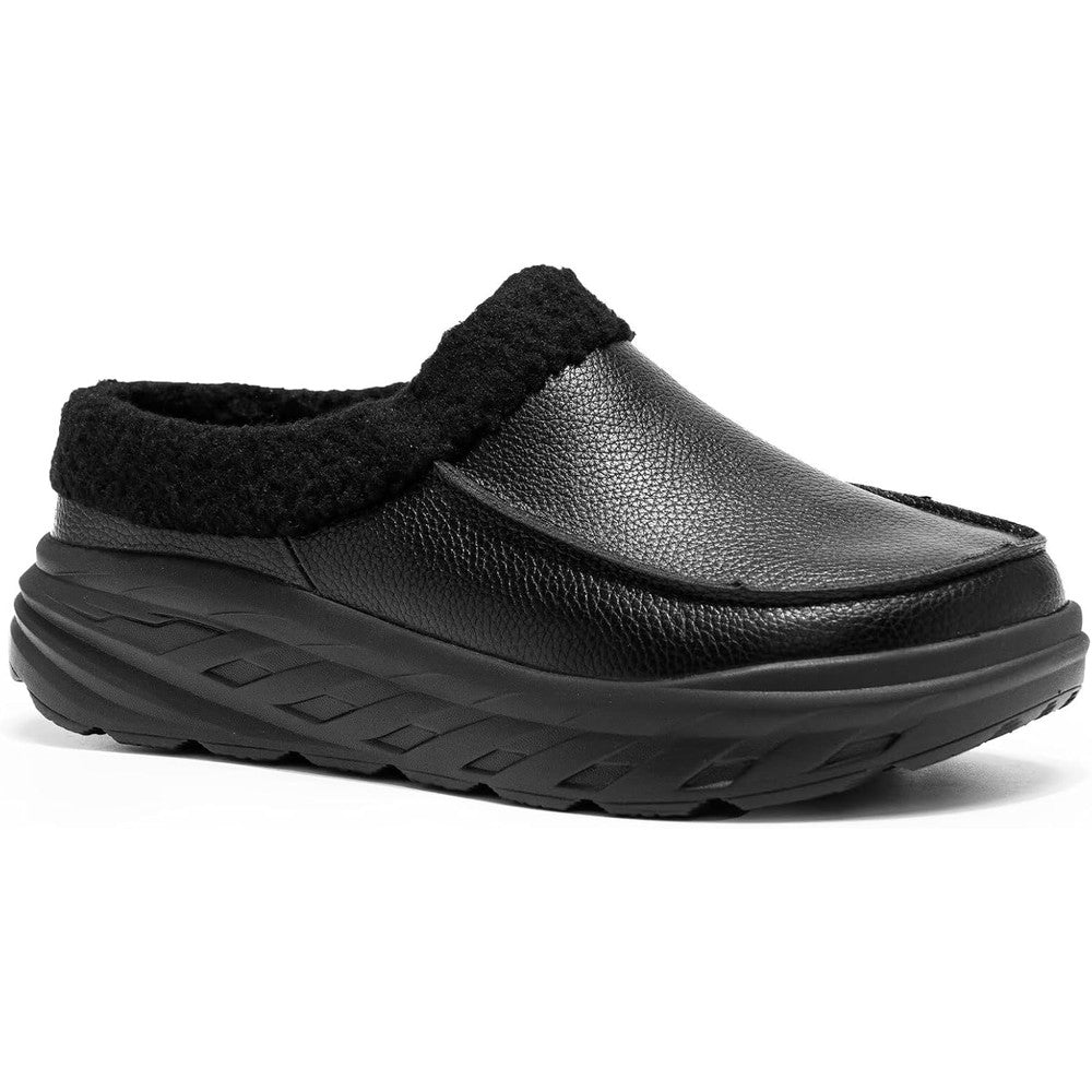 OrthoComfoot men's orthopedic leather slippers front view showing wide toe box.
