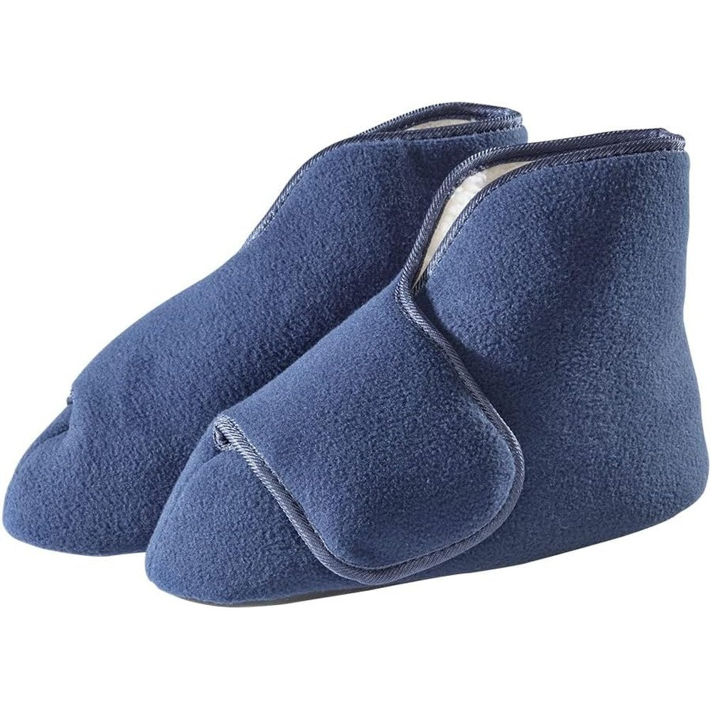 Silverts extra wide diabetic bootie slippers front view showing adjustable strap closure.
