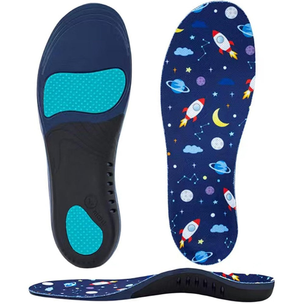 BOCOSO Kids Insoles front view showing blue space pattern for arch support.