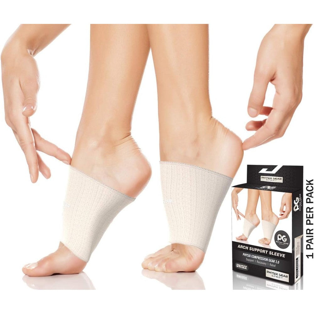 Physix Gear Sport Arch Support Bands front view beige compression sleeves.