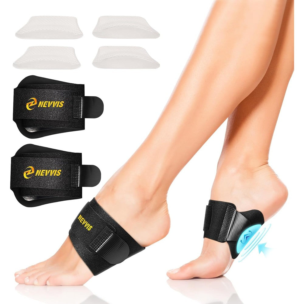 NEVVIS Arch Support Braces front view showing adjustable straps for orthotic relief.