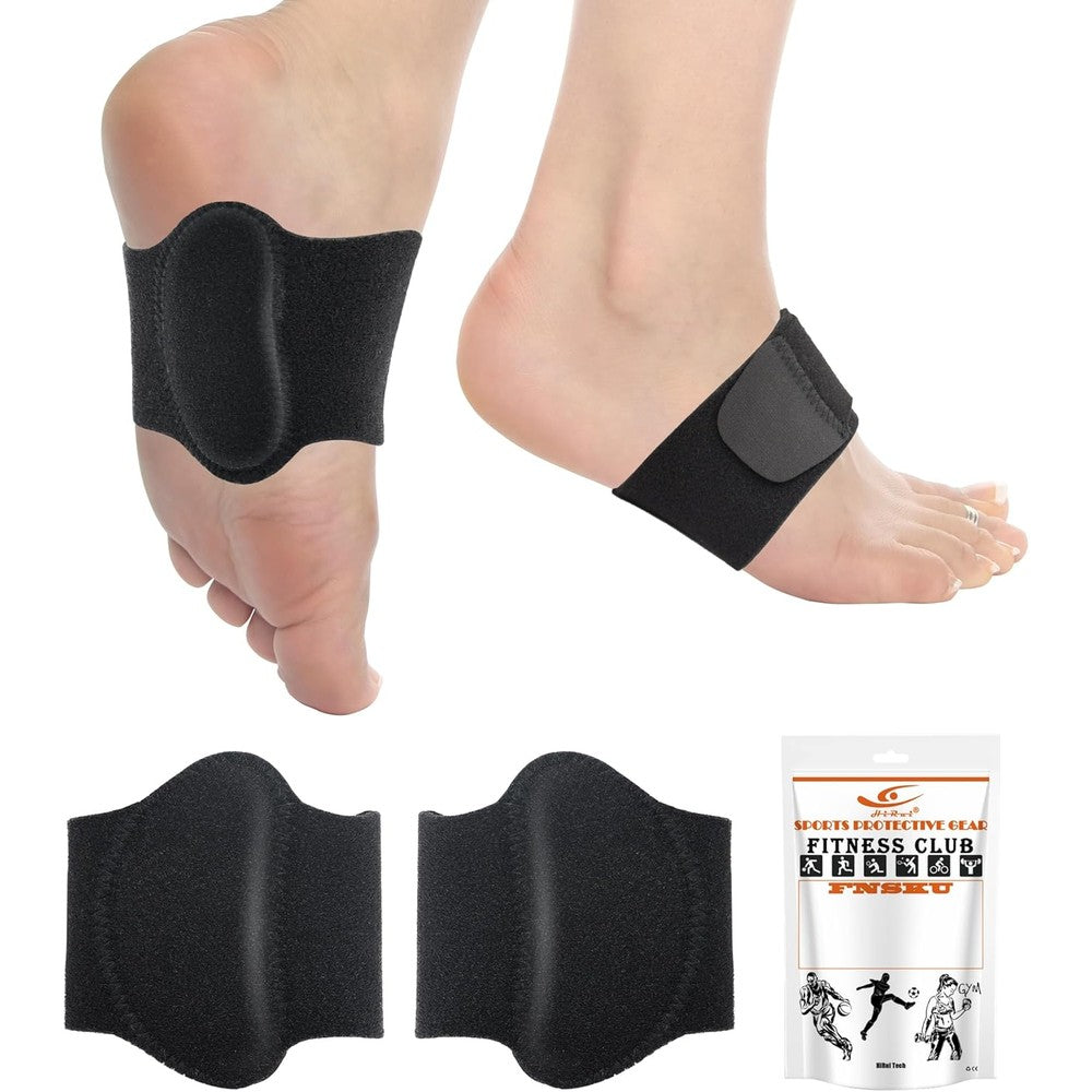 HiRui Arch Support Braces front view showing adjustable straps and black neoprene material.
