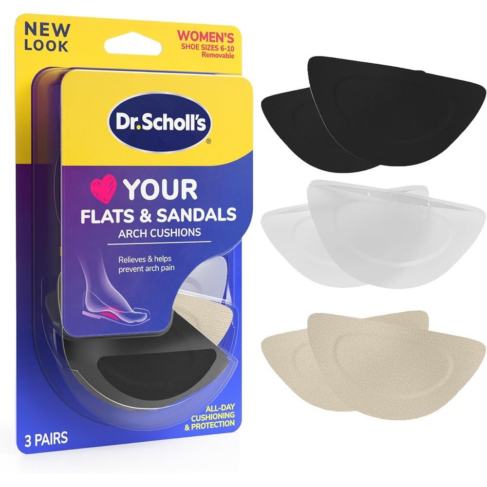 Dr. Scholl's Love Your Flats and Sandals Arch Cushions 3 pair pack front view showing packaging