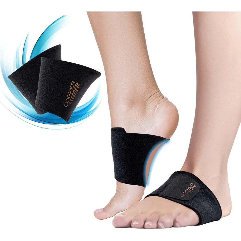 Copper Fit Health Arch Relief Plus front view showing black compression band and orthotic curve.