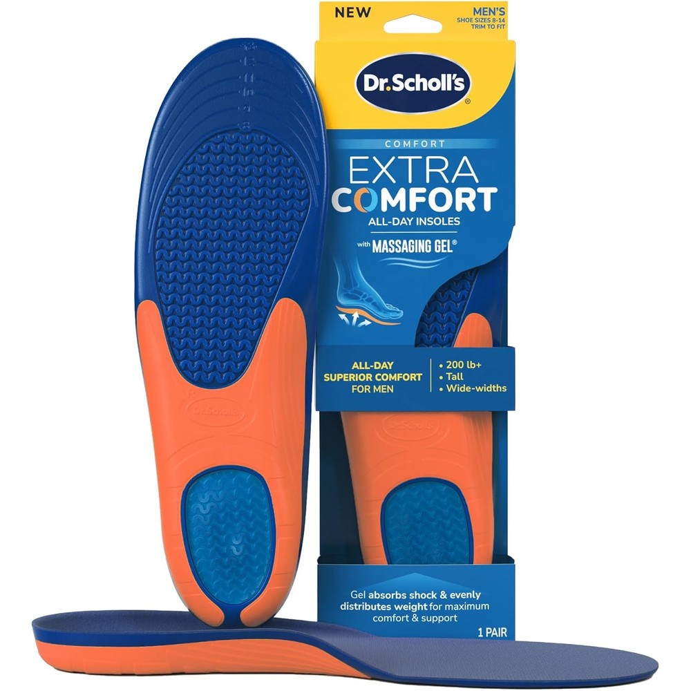 Dr. Scholl's Extra Comfort Support Men's Insoles front view showing blue and orange gel structure.