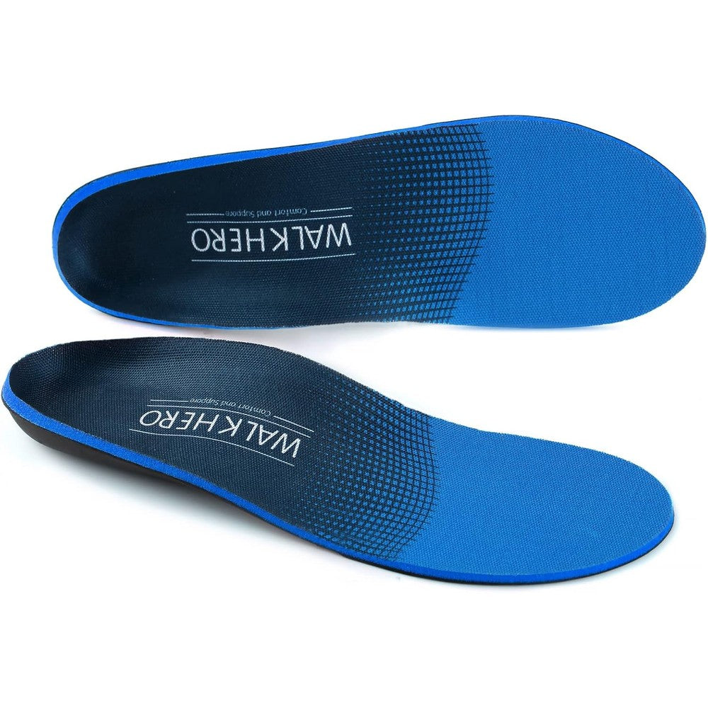 WALK·HERO COMFORT AND SUPPORT Plantar Fasciitis Orthotic Insoles front view showing blue fabric and arch support.