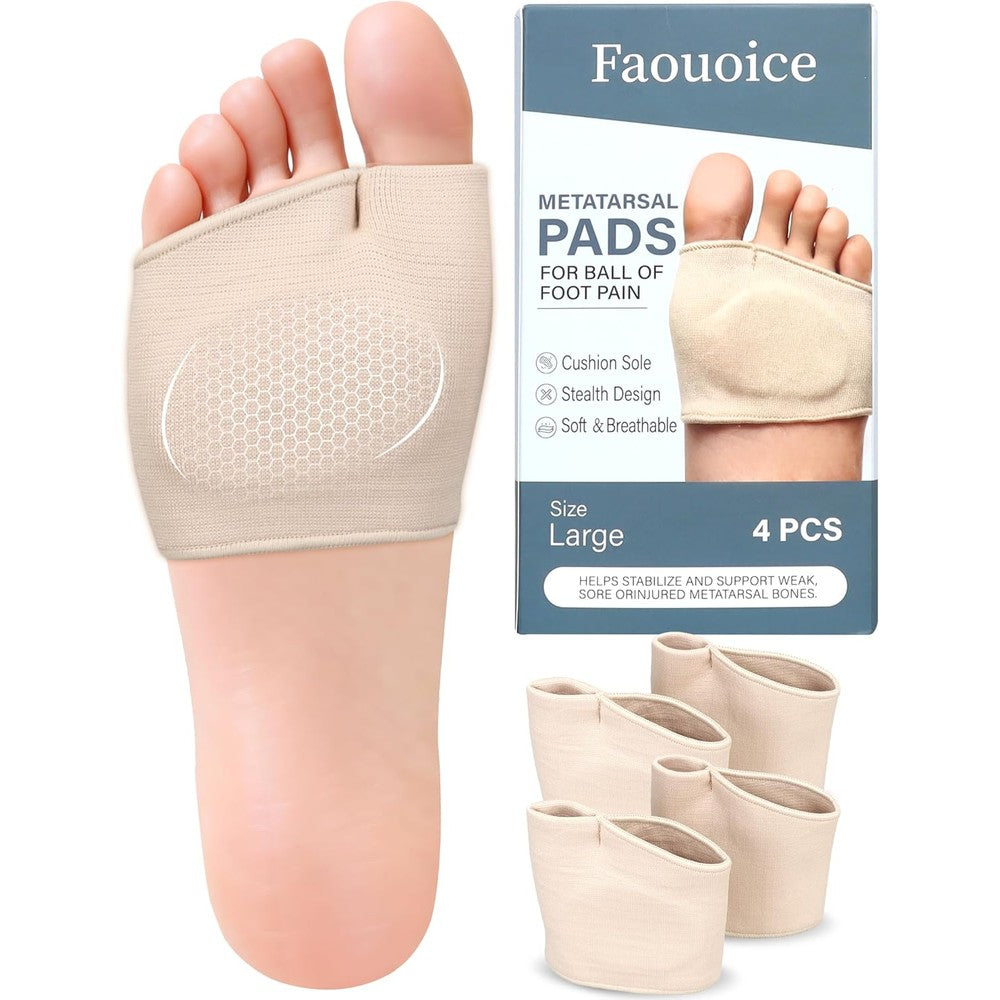 Succure Metatarsal Pads front view showing beige elastic fabric and gel cushioning.