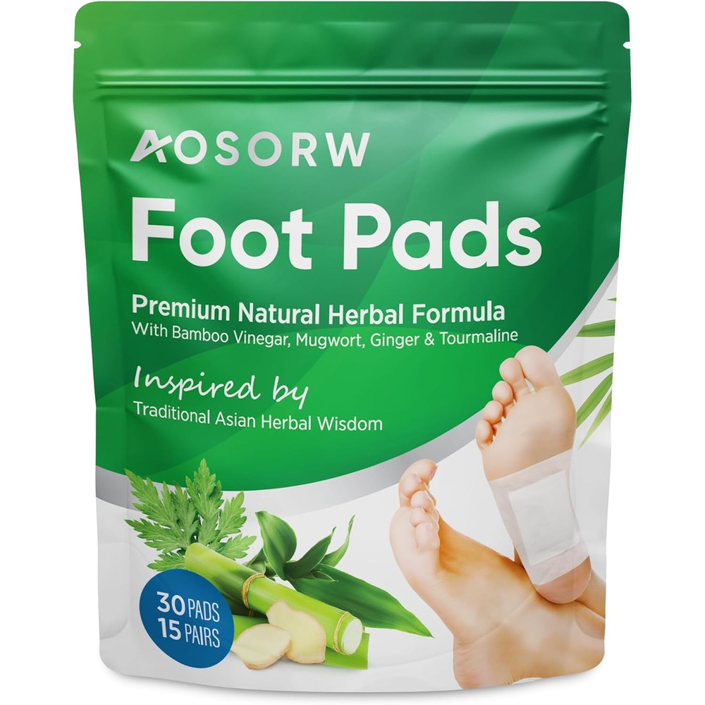 AOSORW Natural Cleansing Foot Pads front packaging 30 count pack for stress relief.