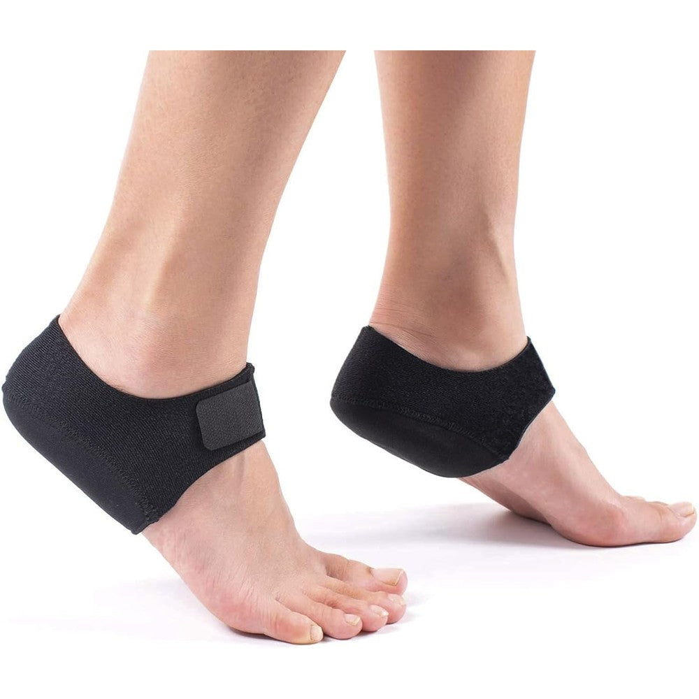 MIAYOHO Plantar Fasciitis Heel Cups front view showing black fabric and adjustable strap for heel pain relief.
