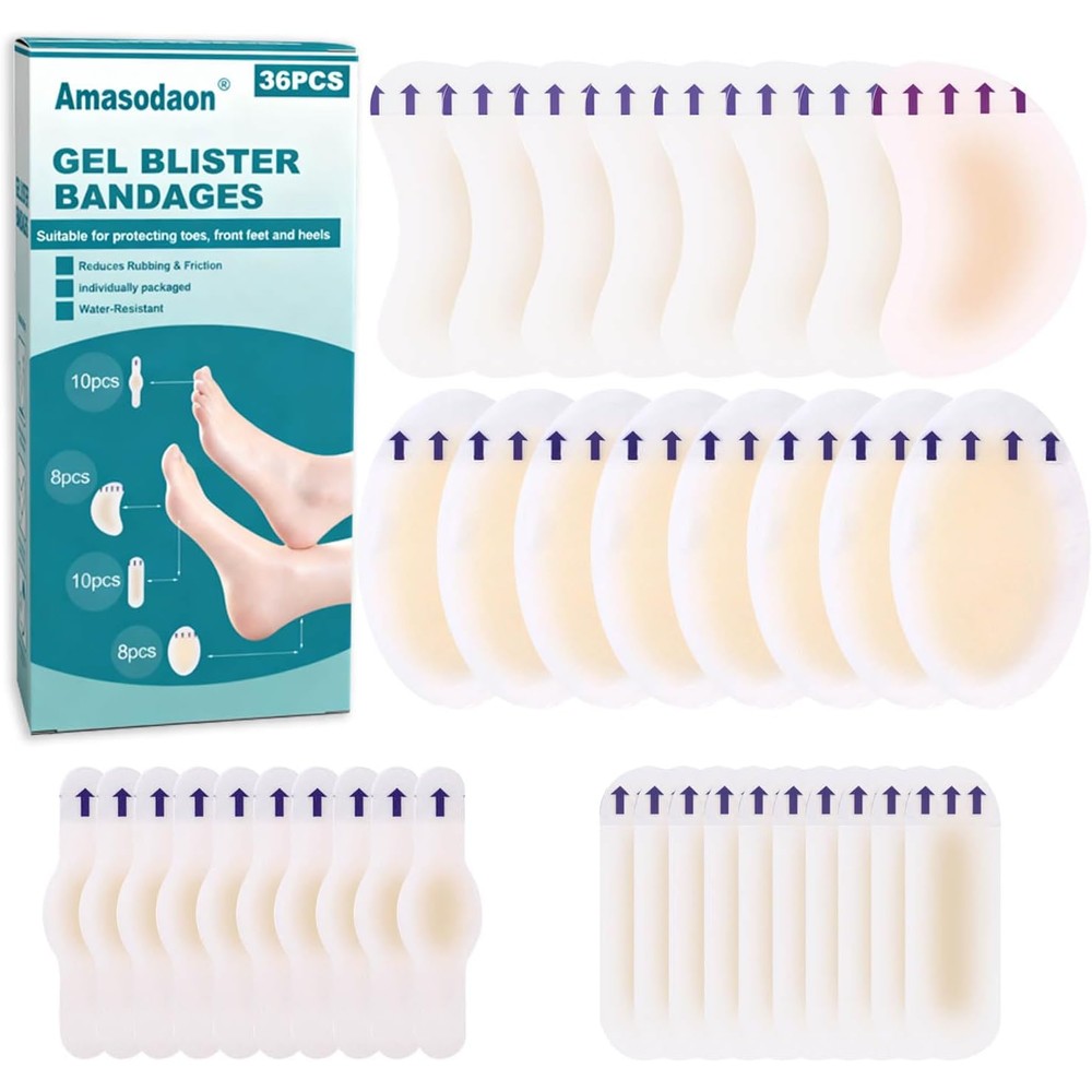 Amasodaon Hydrocolloid Gel Blister Bandages front view of 36 count pack for foot care.