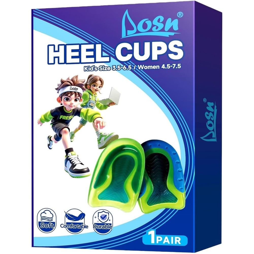 DLOSN Kids Heel Cups front view showing blue gel shock absorption pads.