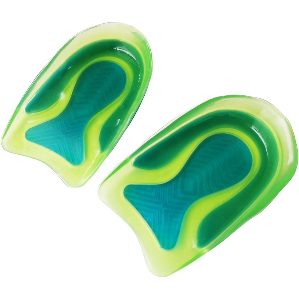 Lulufa Kids Sport Gel Heel Cups front view showing green traction pattern