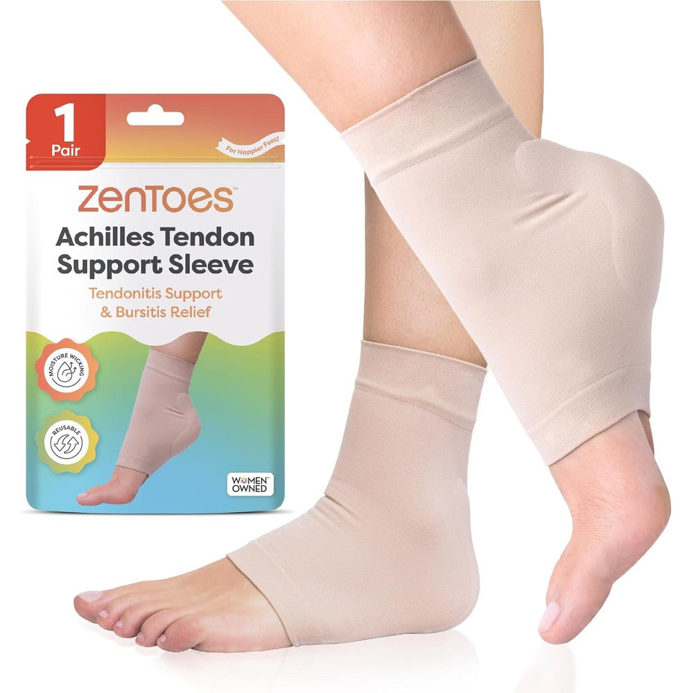 ZenToes Achilles Tendon Support Sleeve front view showing beige compression fabric.