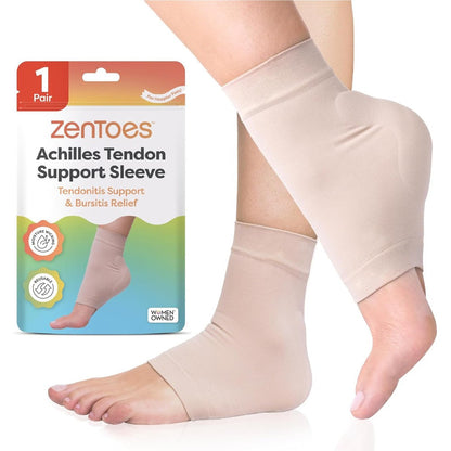 ZenToes Achilles Tendon Support Sleeve front view showing beige compression fabric.