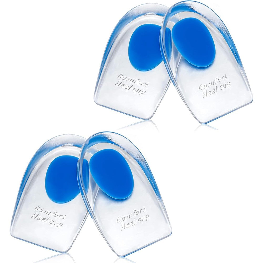 BloomLab Gel Silicone Heel Pads front view showing blue pressure spot for plantar fasciitis relief.