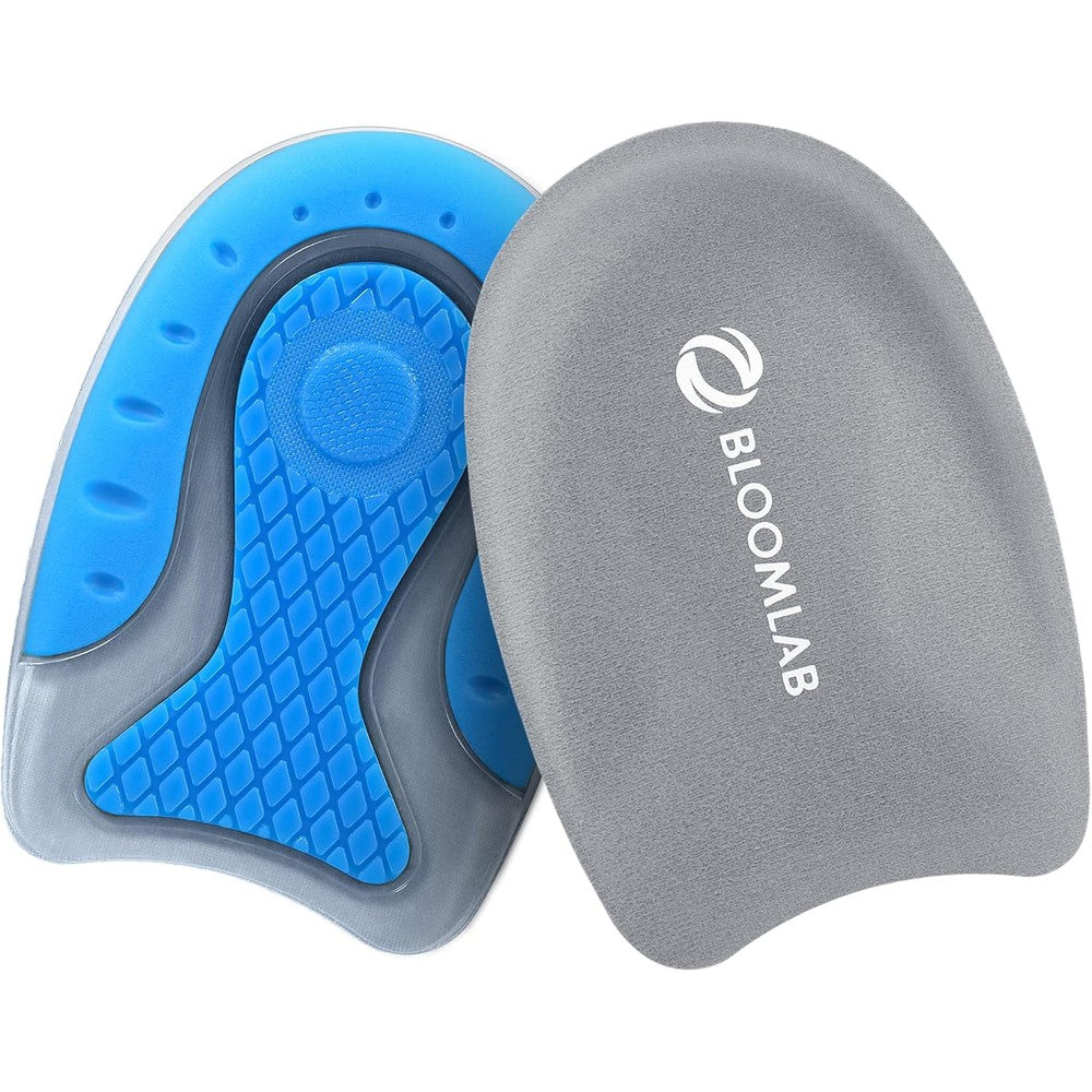 BloomLab Premium Gel Heel Pads front view showing sky blue shock absorbing silicone.