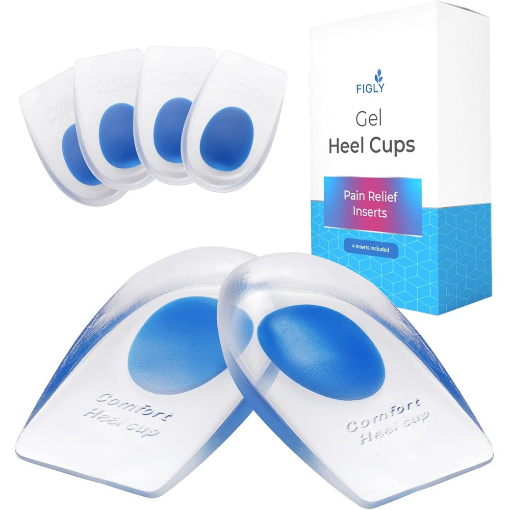Figly Heel Cushions front view showing blue gel insert for plantar fasciitis relief.