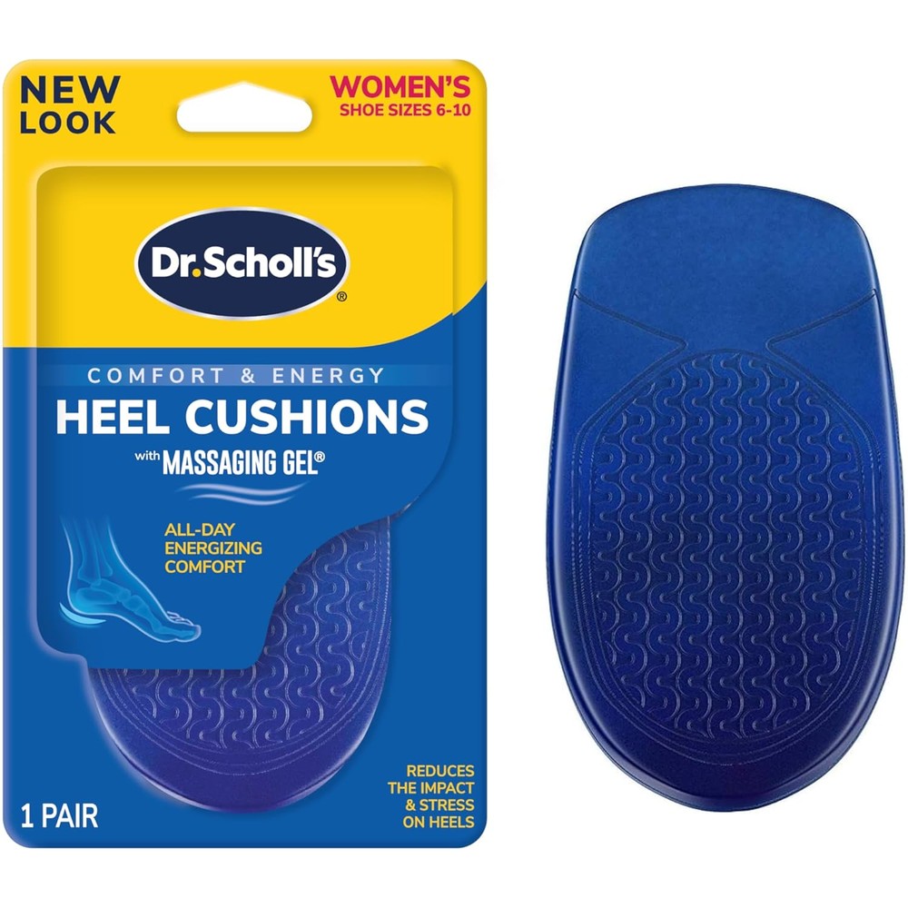 Dr. Scholl's Heel Cushions front view showing blue massaging gel technology.