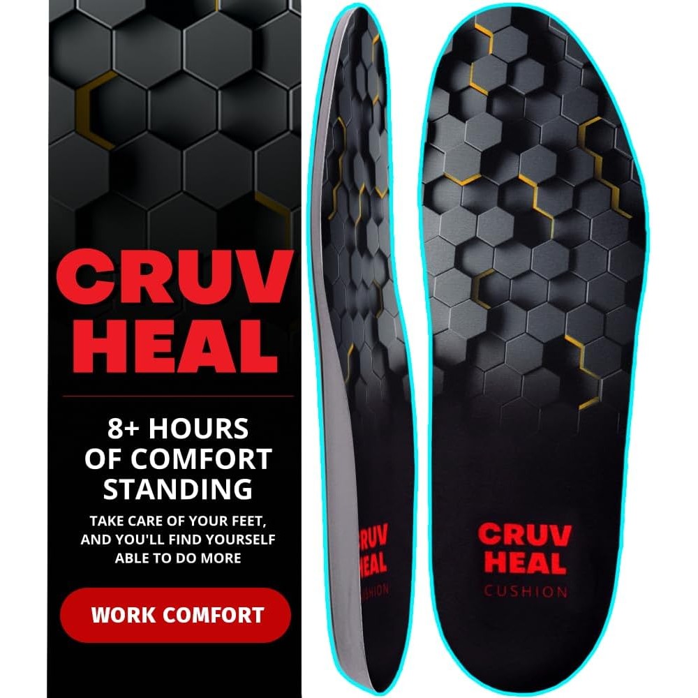 CRUVHEAL Work Comfort Orthotic Insoles front view featuring black hexagon pattern and arch support.