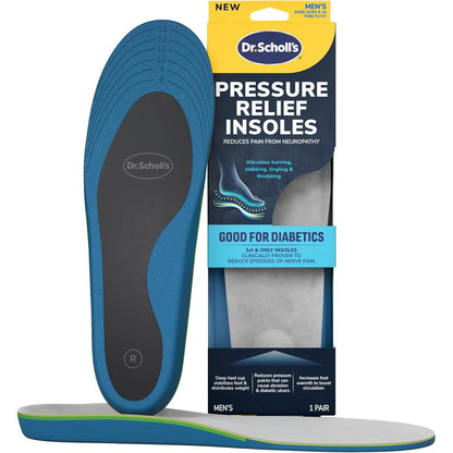 Dr. Scholl's Pressure Relief Insoles front view showing blue cushioning foam for neuropathy relief.