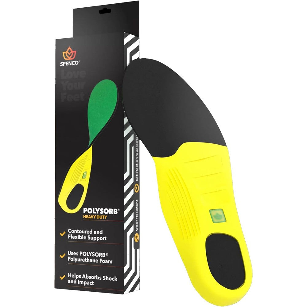 Spenco PolySorb Heavy Duty Insoles front view showing green and yellow foam layers.