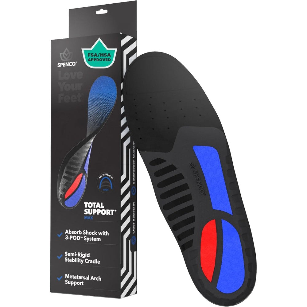 Spenco Total Support Max Orthotic Insoles front view showing blue and black design.