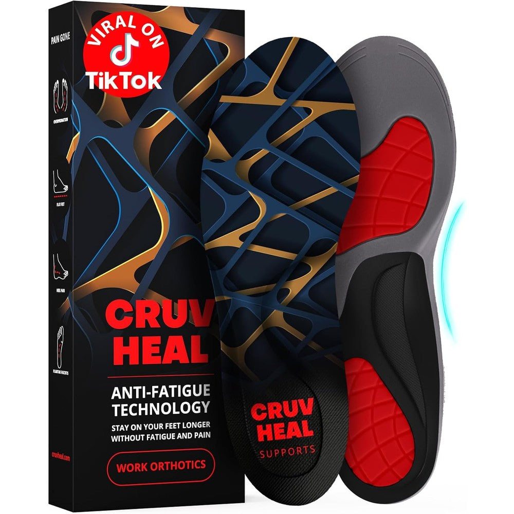 CRUVHEAL Work Orthotic Insoles front view showing blue gel cushioning for foot pain relief.