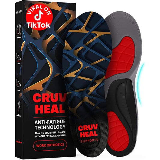 CRUVHEAL Work Orthotic Insoles front view showing blue gel cushioning for foot pain relief.